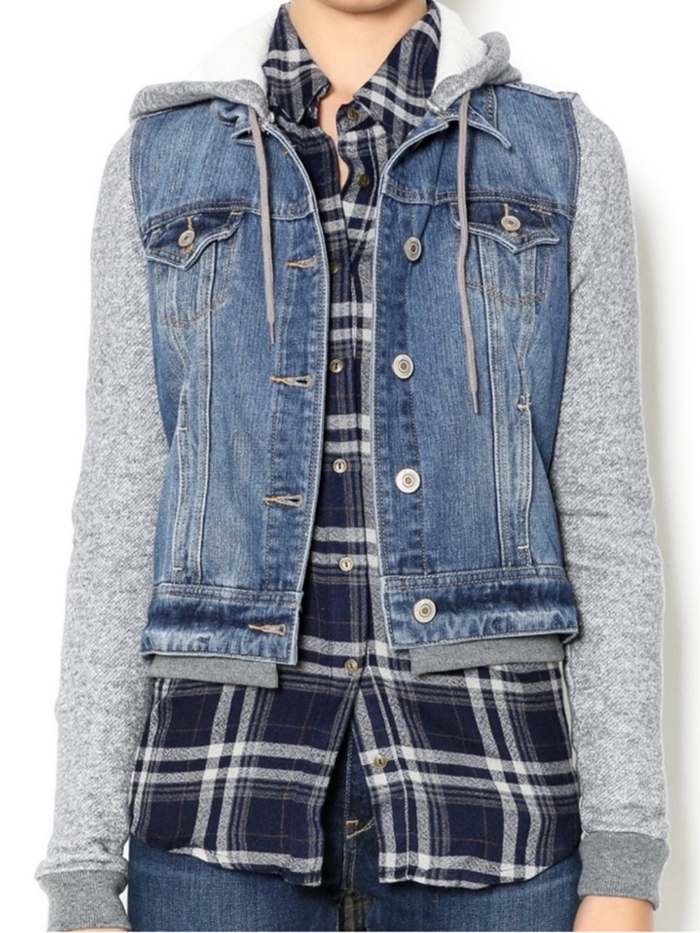 Dex Blue Denim Jacket with Gray Knit Hood & Sleeves